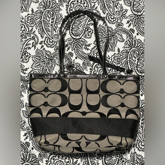 Coach Signature Stripe Zippered Tote Bag Purse Black Gray Shopper F19046 - Picture 9 of 10